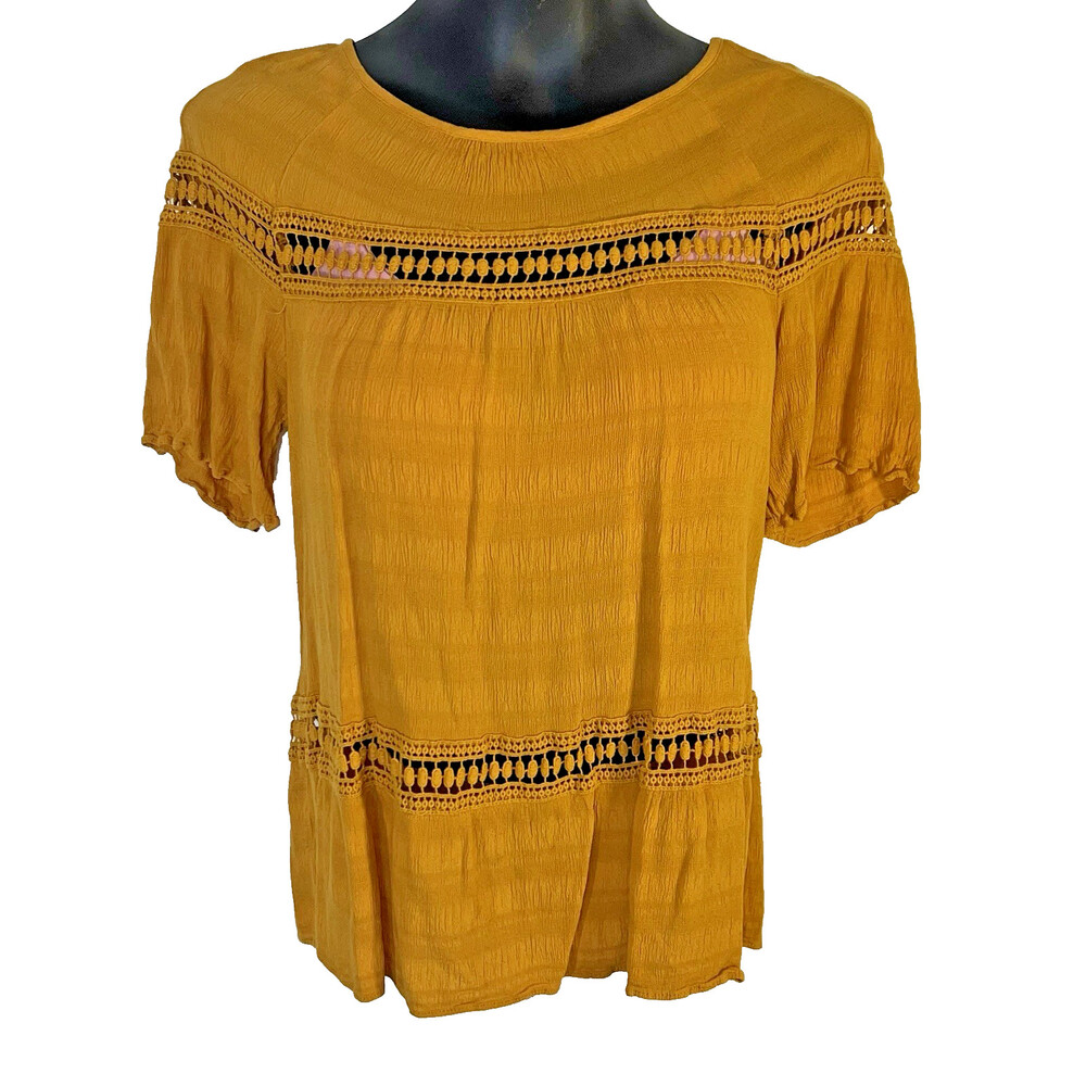 Studio - Blouse Women's Petite Medium Crochet Accent Short Sleeve Mustard Yellow